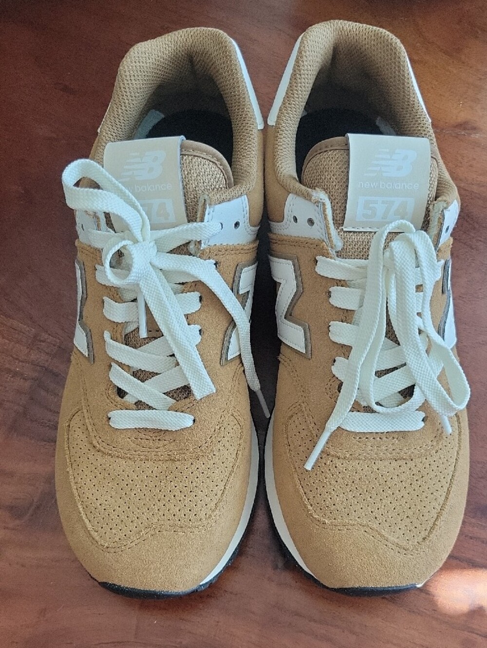 New Balance Women’s Tan Suede 574 Retro Sneakers with Cream Accents (New) - Picture 2 of 8